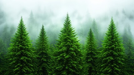 Misty Mountain Forest Tall Evergreen Trees in Soft Light
