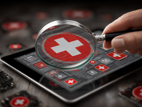 hand holding a magnifying glass over a digital document on a tablet displaying error codes and a red cross mark, surrounded by blurred warning signs