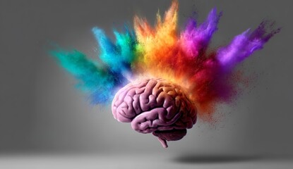 An artistic representation of colorful powder exploding from the brain, symbolizing creative ideas