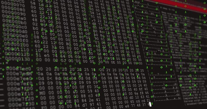 Computer display showing hexadecimal streams in dark interface, with floating green binary digits