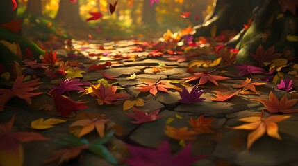 Serene Autumn Landscape with Vibrant Fallen Leaves on Pathway