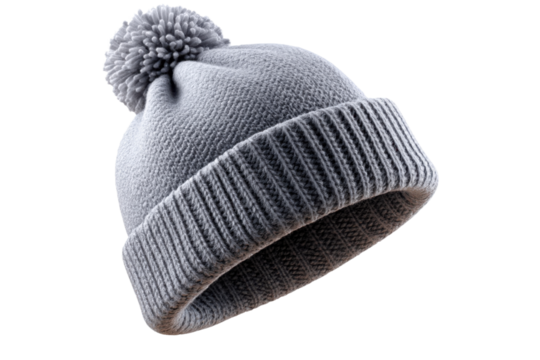 Cozy Winter Hat: A close-up shot of a stylish knit hat, with a fluffy pom-pom on top, suggesting warmth and comfort.