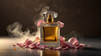 Luxurious Perfume Bottle with Smoke Effect and Rose Petals on Dark Background