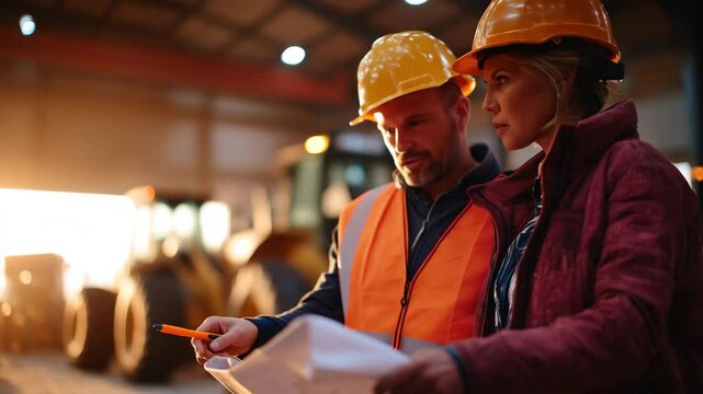 Two construction workers thoroughly review blueprints in an industrial setting, emphasizing teamwork and planning that's essential for successful project execution.
