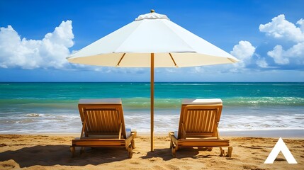Obraz premium Relaxing Chairs Under White Umbrella on Tropical Beach Paradise