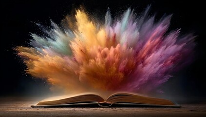 An open book with colorful powder exploding from it, symbolizing the power of words and