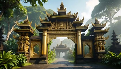 Obraz premium A golden ornamented Asian gate stands at the entrance of a lush, tranquil garden walkway scene