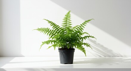 Lush Green Fern in Black Plastic Pot on White Surface
