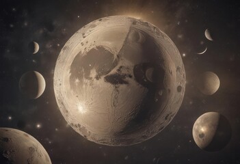 Naklejka premium Aged paper, celestial bodies, moon phases, cosmic dust, vintage aesthetic, stock photo, photography, illustration
