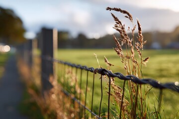 Fototapeta premium Close-up of wild grass by a fence on a sunny day.