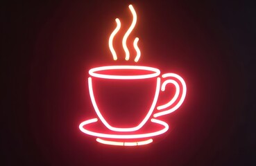 Neon sign of a coffee cup with steam warm white glow dark background