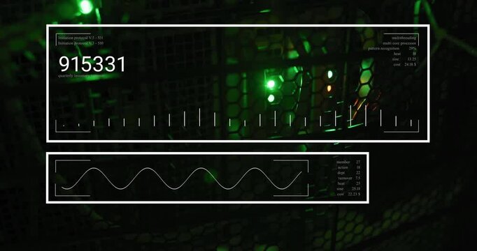 Server rack grill showing performance metrics, with floating UI panels and LED indicators