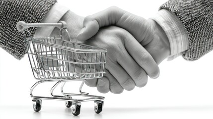 Business handshake with shopping cart symbolizing retail partnership and commerce