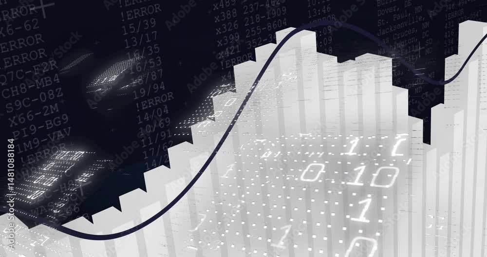 Poster 3d bar graph showing curved trend line while floating binary digits and scrolling error text