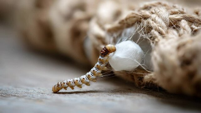 A detailed close-up shot of a silkworm spinning its cocoon against a natural backdrop, offering a glimpse into the captivating process of silk production in nature.