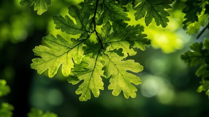 Sunlit oak leaves, vibrant green, detailed texture