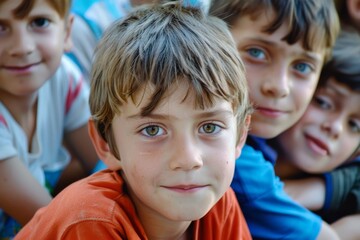 Portrait of a little boy with his friends on the background.