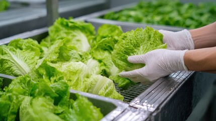 Hands sorting fresh green lettuce in a factory setting.