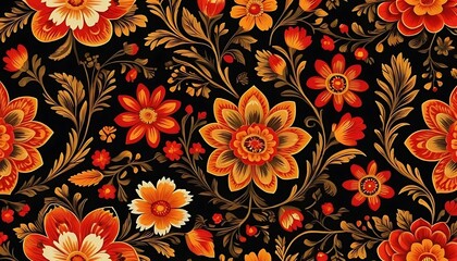Intricate floral design features vibrant orange and red flowers with ornate gold foliage on black.