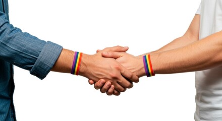 Two people shaking hands wearing rainbow pride bracelets on a white background