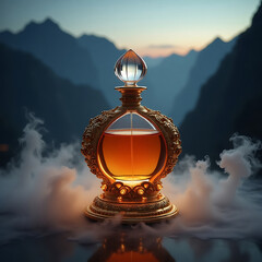 Luxury Perfume Bottle on Golden Pedestal with Cloud and Mountain Sunset Background