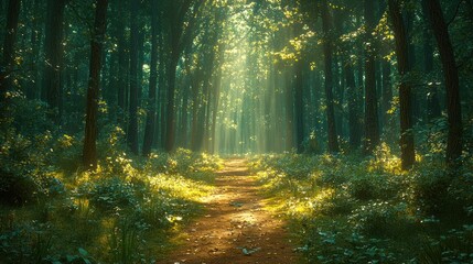 Fototapeta premium Sunlight path through dense forest