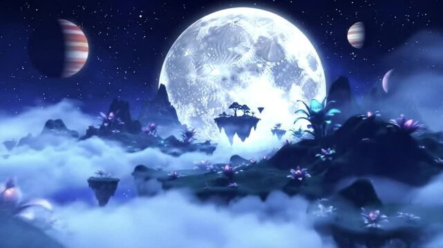 A fantastical landscape with a large moon, planets, and floating islands at night