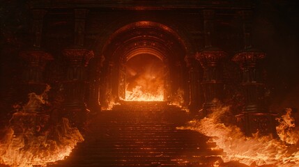 Dark cavern with fiery stairway leading to glowing doorway. Eerie infernal landscape for fantasy game or book cover design. Otherworldly underworld concept art.