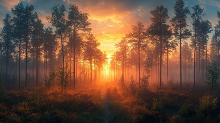 Sunrise path through misty pine forest