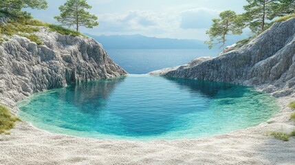 Fototapeta premium Crystal-clear pool nestled in rocky cove, overlooking tranquil sea. Lush pine trees flank the cove