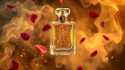 Luxury Perfume Bottle with Golden Mist and Rose Petals – Elegant Fragrance Aesthetic