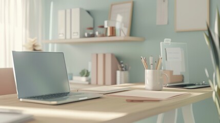 Naklejka premium A soft, pastel-toned home office workspace, featuring a laptop computer.