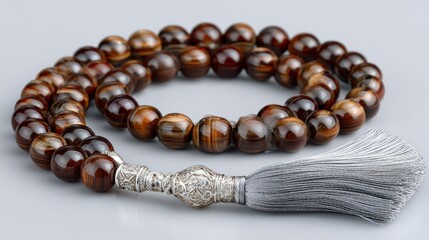 Obraz premium Elegant Wooden Bead Necklace with Intricate Silver Tassel and Decorative Clasp Ideal for Fashi