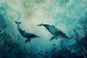 Obraz premium handdrawn ocean conservation scene whales and coral reef watercolor blues and greens .