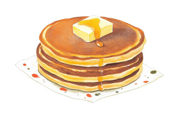 Stack of pancakes with butter and honey on white napkin, cut out - stock png.