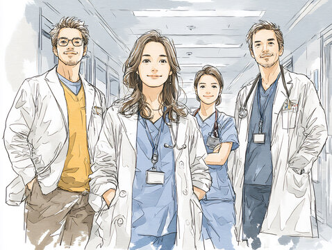 illustration of a diverse japanese medical team (doctor, nurse, technician) in their respective uniforms smiling together in a bright hospital setting,