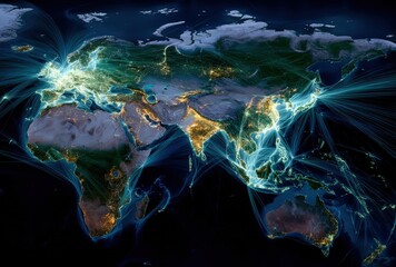Digital world map highlighting global network connections.