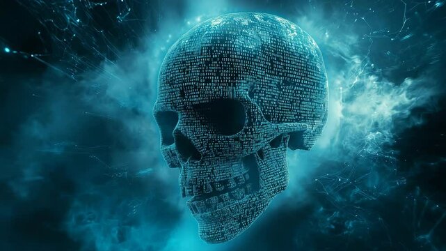 Digital skull visualization showcases intricate patterns and binary representation with a mesmerizing blue background