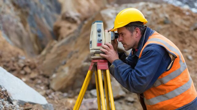 A dedicated surveyor focuses on a leveling instrument amidst a construction site, highlighting precision, hard work, and the vital role of surveying in the modern building process.