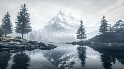 Serene Mountain Lake Surrounded by Tall Pines and Rocky Shores