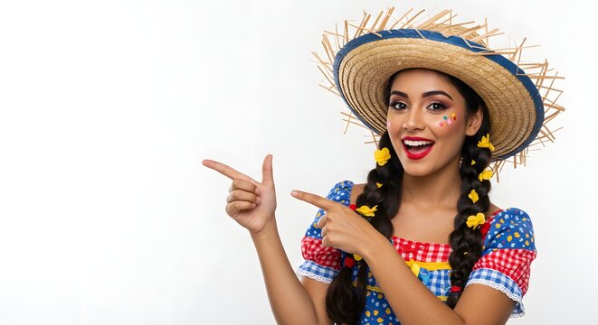 Beautiful woman in festa junina outfit pointing to copy space for your advertisement or promotion festa junina - june festivals