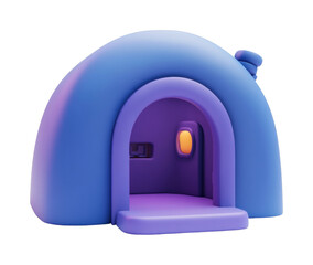 Cartoon-style blue dome house with open door, cut out - stock png.