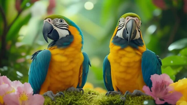 Colorful macaws interact in vibrant jungle setting surrounded by flowers and greenery