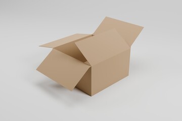 A cardboard box is open and sitting on a white background. The box is brown and has a simple design. Concept of emptiness and simplicity