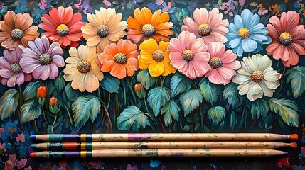 Vibrant Floral Painting with Colored Pencils Flatlay