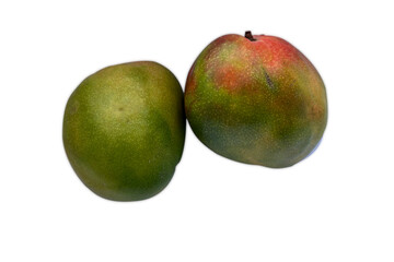 Two ripe mangoes, one green, one red-green, on a white background.