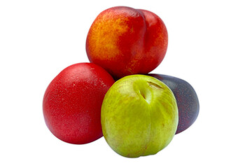 Assortment of fresh plums and a nectarine on a white background.