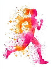 running woman silhouette in pink and orange watercolor splashes, fitness and motivation theme