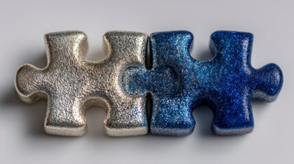 Obraz premium Interlocking Puzzle Pieces in Metallic Silver and Blue Glitter Symbolizing Unity and Connectio