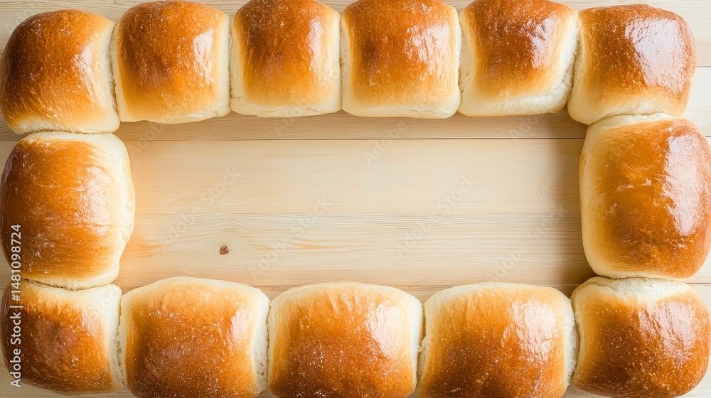 Poster Freshly baked golden rolls arranged in a rectangular frame on a light wooden surface, leaving a central empty space.
